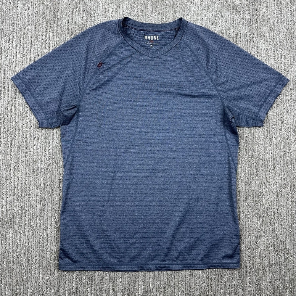 Rhone‎ Blue Striped Performance Short Sleeve Vneck Reign T-shirt Mens Medium